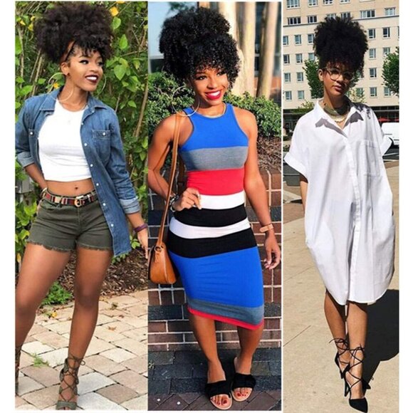 Afro High Puff Wig Synthetic Short Kinky Curly Ponytail with Bangs for Black Wom main image 5